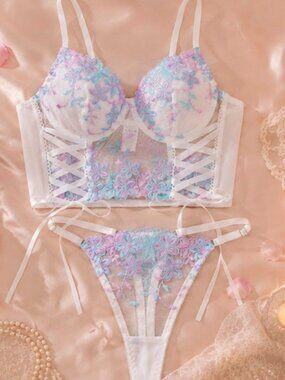 Floral Embroidered Lace Lingerie Set White & Pastel Colors New